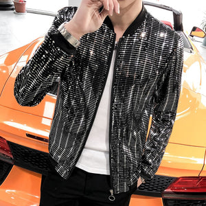 New Sequined Bomber Jacket Men Shiny Sequins Long Sleeve Glitter Zipper Coat Hip Hop Loose Night Club Stage Streetwear Coats - OZN Shopping