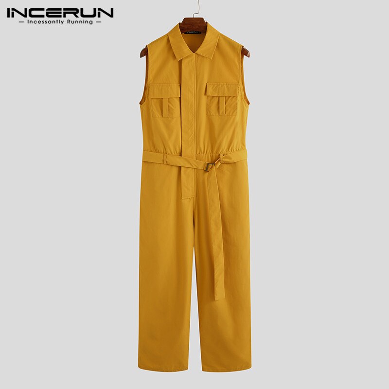 Fashion Men Jumpsuit Cargo Overalls Sleeveless Solid Color Lapel Pockets Streetwear Pants With Belt 2020 Casual Rompers - OZN Shopping