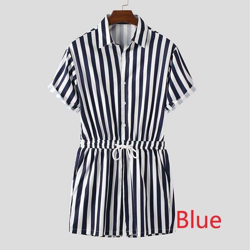 Fashion Men Striped Rompers Short Sleeve Button Shorts Lapel Jumpsuit Drawstring Streetwear 2020 Casual Playsuit Hombre INCERUN - OZN Shopping