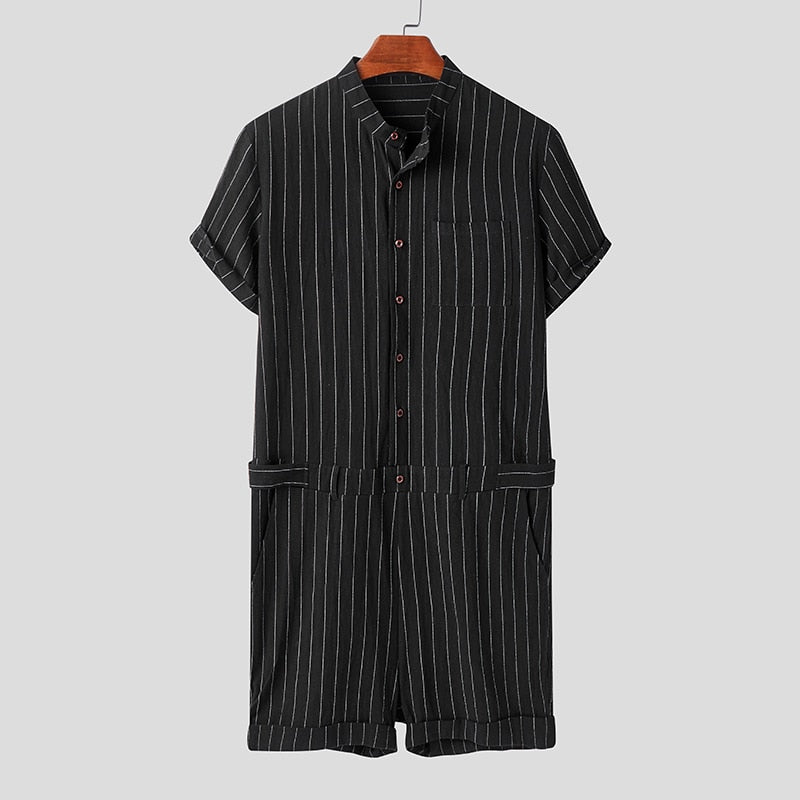 Striped Men Rompers Breathable Stand Collar Short Sleeve Joggers Playsuits Streetwear Fashion Men Jumpsuits Shorts S-5XL - OZN Shopping