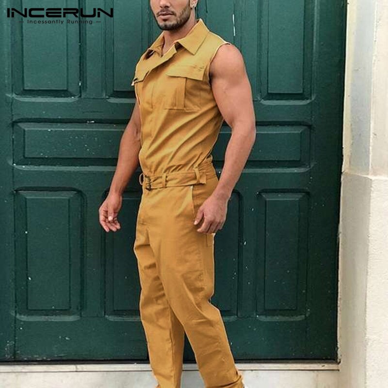 Fashion Men Jumpsuit Cargo Overalls Sleeveless Solid Color Lapel Pockets Streetwear Pants With Belt 2020 Casual Rompers - OZN Shopping