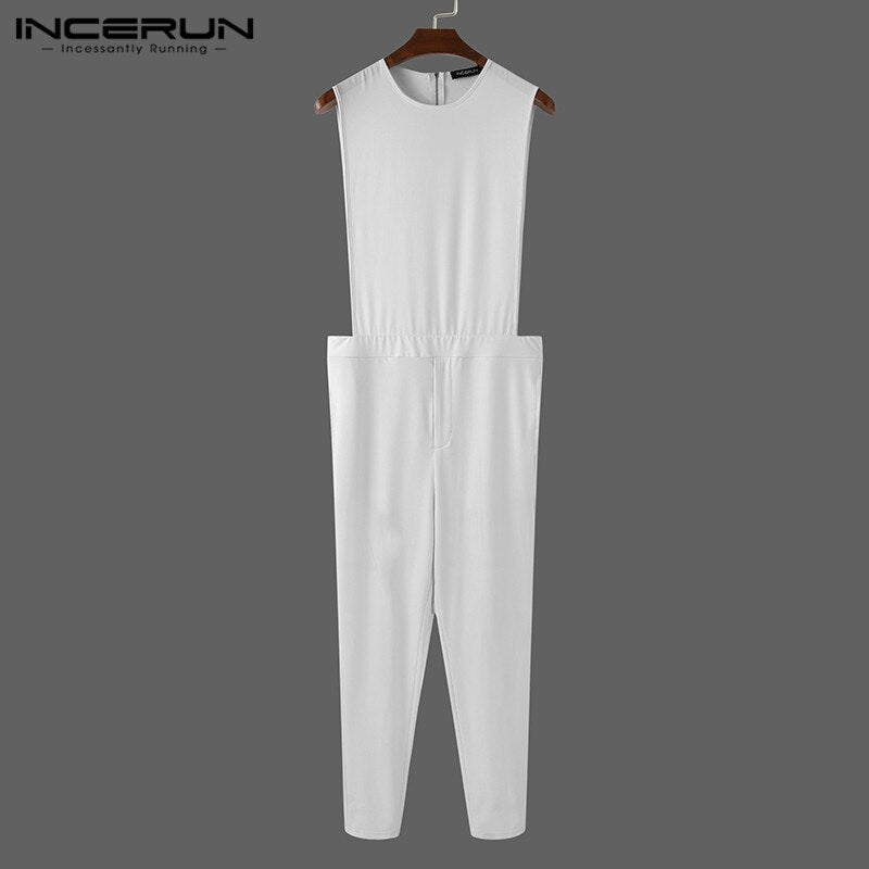 Fashion Men Jumpsuit Solid Color Sleeveless Casual O Neck Fitness Rompers Zippers Streetwear Chic Men Overalls Trousers INCERUN - OZN Shopping