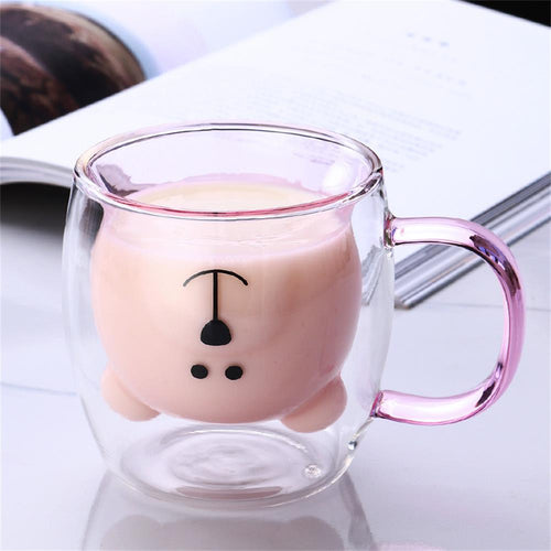 250ml Glass Mugs Cute Bear Cat Animal Double Wall Glass Mug Double-layer Glass Milk Mug Coffee Cup Christmas Gift - OZN Shopping