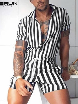 Fashion Men Striped Rompers Short Sleeve Button Shorts Lapel Jumpsuit Drawstring Streetwear 2020 Casual Playsuit Hombre INCERUN