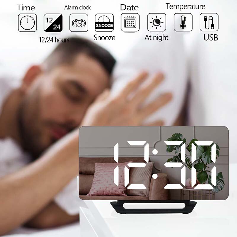 LED Digital Alarm Clock Watch Mirror Table Electronic Desktop Clocks USB Wake Up Time Snooze Function 3 Alarm - OZN Shopping