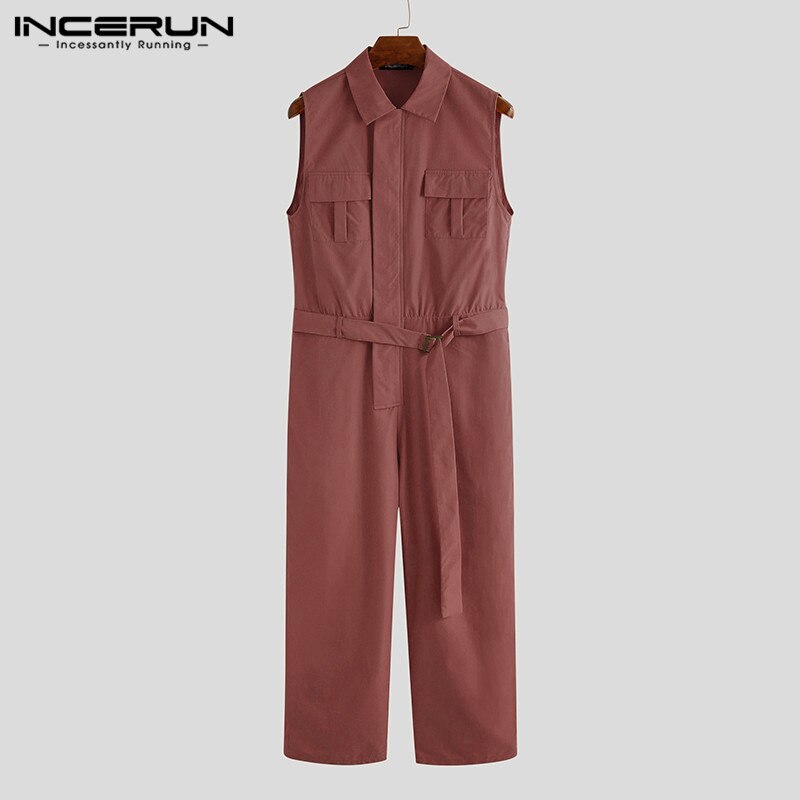 Fashion Men Jumpsuit Cargo Overalls Sleeveless Solid Color Lapel Pockets Streetwear Pants With Belt 2020 Casual Rompers - OZN Shopping