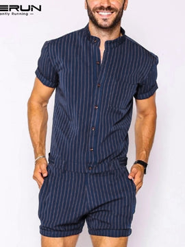 Striped Men Rompers Breathable Stand Collar Short Sleeve Joggers Playsuits Streetwear Fashion Men Jumpsuits Shorts S-5XL