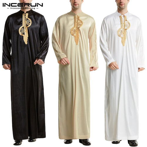 Men Loose Patchwork Muslim Kaftan Robes Islamic Clothing Vintage Long Robes Leisure Long Sleeve Stand Collar Jubba Thobe INCERUN - OZN Shopping