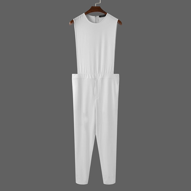 Fashion Men Jumpsuit Solid Color Sleeveless Casual O Neck Fitness Rompers Zippers Streetwear Chic Men Overalls Trousers INCERUN - OZN Shopping