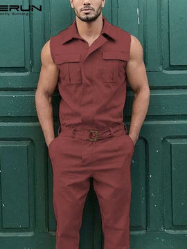 Fashion Men Jumpsuit Cargo Overalls Sleeveless Solid Color Lapel Pockets Streetwear Pants With Belt 2020 Casual Rompers