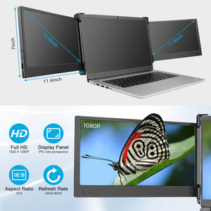 Laptop Triple Screen Monitor Portable IPS Monitor 11'' 1920x1080 USB-C HDMI Gaming Display