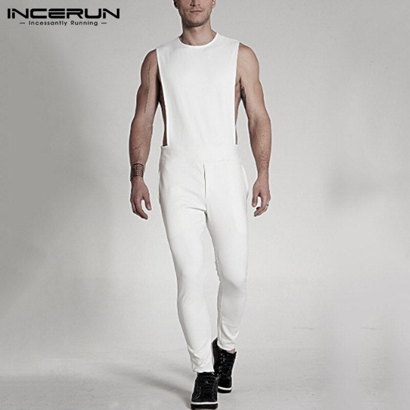 Fashion Men Jumpsuit Solid Color Sleeveless Casual O Neck Fitness Rompers Zippers Streetwear Chic Men Overalls Trousers INCERUN - OZN Shopping