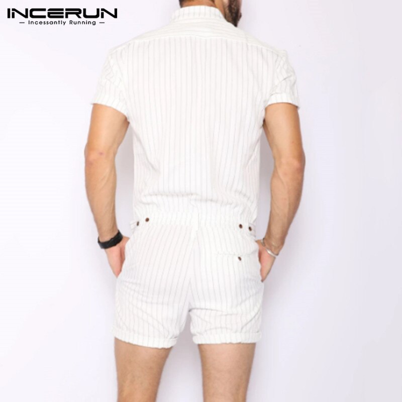 Striped Men Rompers Breathable Stand Collar Short Sleeve Joggers Playsuits Streetwear Fashion Men Jumpsuits Shorts S-5XL - OZN Shopping