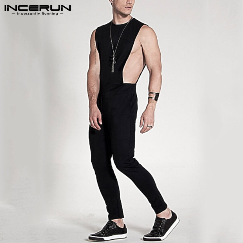 Fashion Men Jumpsuit Solid Color Sleeveless Casual O Neck Fitness Rompers Zippers Streetwear Chic Men Overalls Trousers INCERUN - OZN Shopping