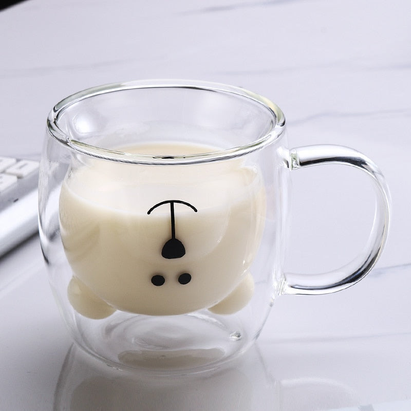 250ml Glass Mugs Cute Bear Cat Animal Double Wall Glass Mug Double-layer Glass Milk Mug Coffee Cup Christmas Gift - OZN Shopping