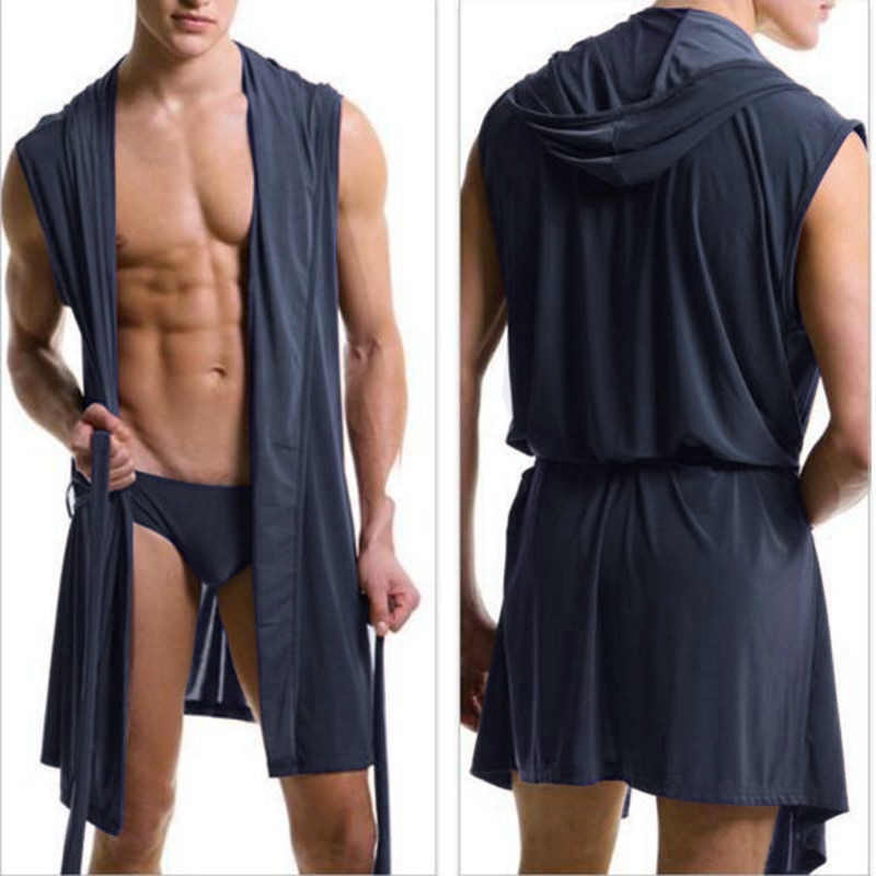 Men Sexy Silk Pajamas  Sleepwear Hooded Bathrobe with Briefs - OZN Shopping