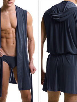 Men Sexy Silk Pajamas  Sleepwear Hooded Bathrobe with Briefs