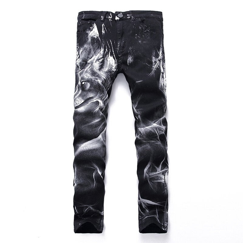 Wolf Printed Jeans Denim Pants - OZN Shopping