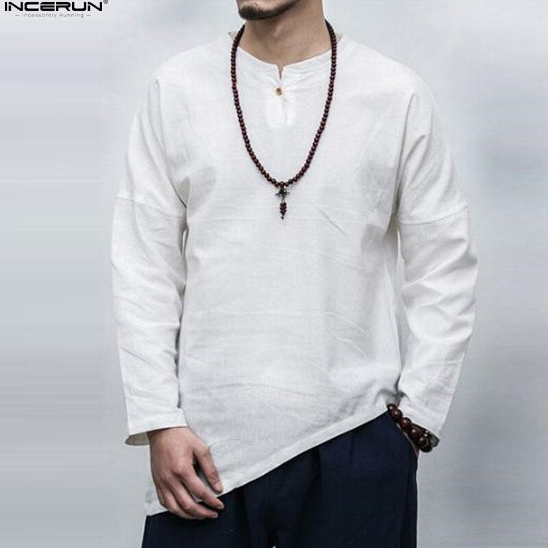 Men's Shirts Long Sleeve Solid Irregular Chinese Style Shirt Men Cotton Linen Vintage Casual Chemise - OZN Shopping