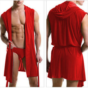 Men Sexy Silk Pajamas  Sleepwear Hooded Bathrobe with Briefs - OZN Shopping