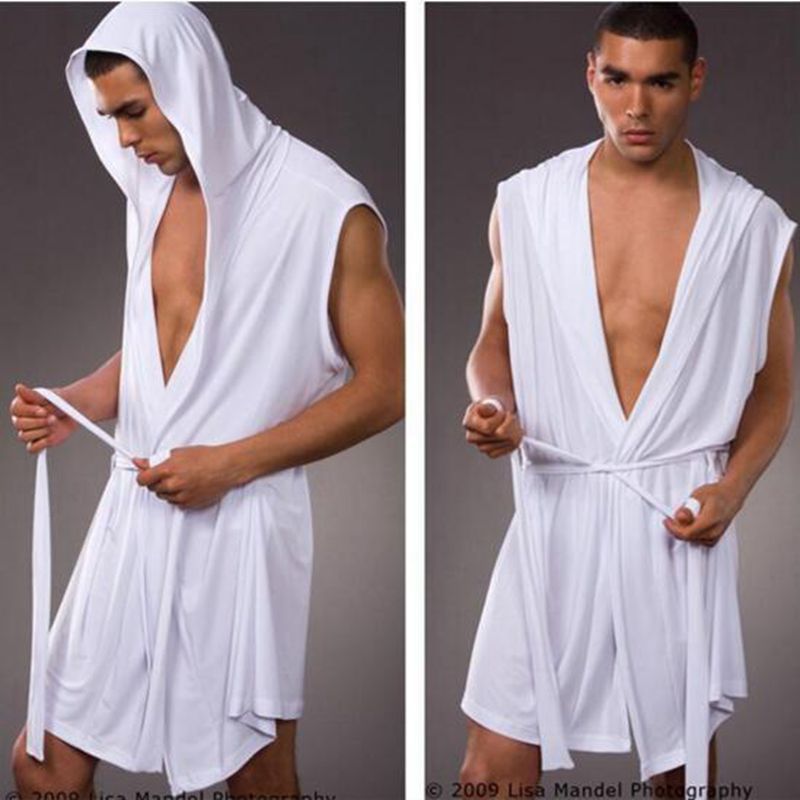 Men Sexy Silk Pajamas  Sleepwear Hooded Bathrobe with Briefs - OZN Shopping