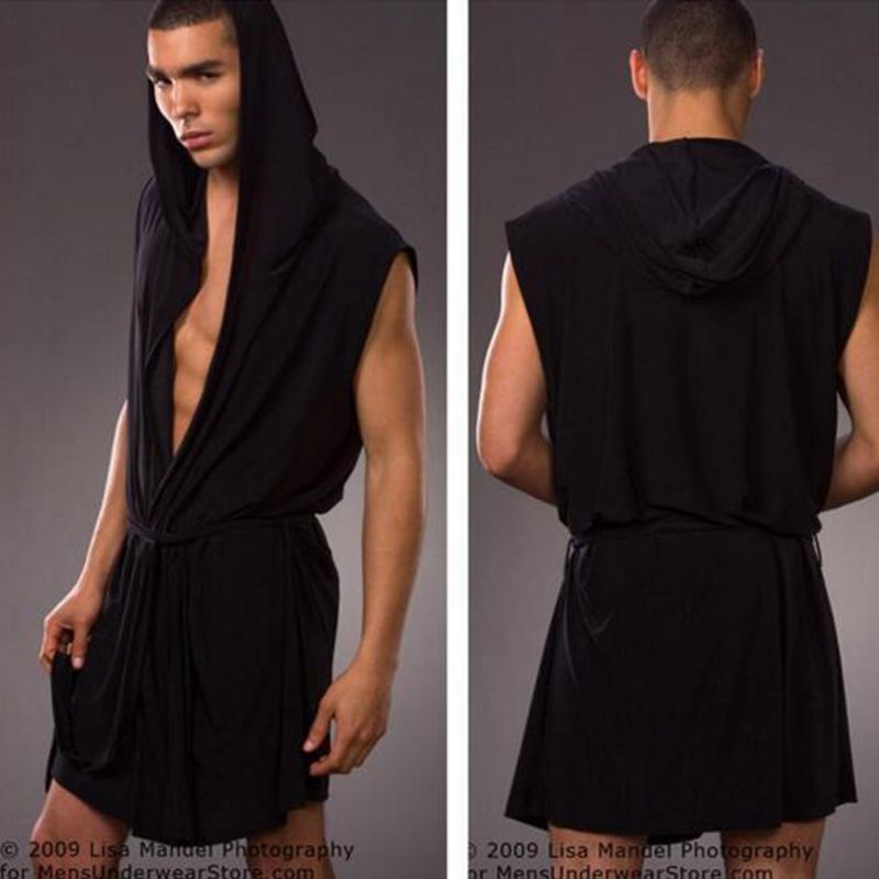 Men Sexy Silk Pajamas  Sleepwear Hooded Bathrobe with Briefs - OZN Shopping