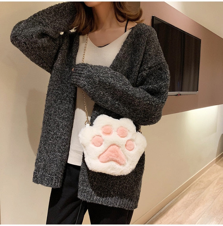 Cute Bear Paw Girls Chain Zipper Shoulder Bag Lovely Children's Soft Plush Coin Purse Baby Boys Accessories Small Crossbody Bags - OZN Shopping