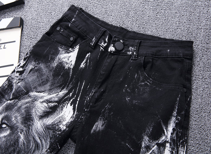 Wolf Printed Jeans Denim Pants - OZN Shopping