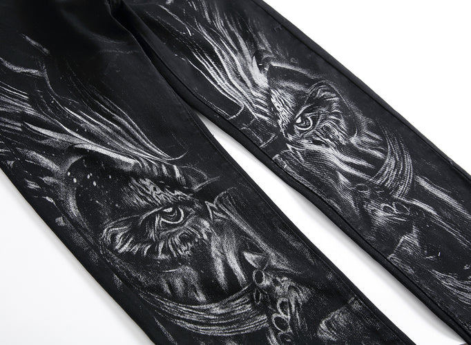 Wolf Printed Jeans Denim Pants - OZN Shopping