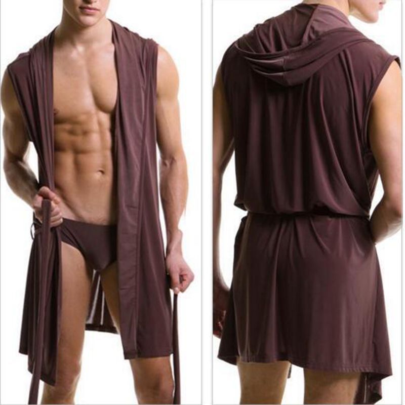 Men Sexy Silk Pajamas  Sleepwear Hooded Bathrobe with Briefs - OZN Shopping