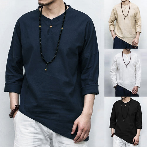 Men's Shirts Long Sleeve Solid Irregular Chinese Style Shirt Men Cotton Linen Vintage Casual Chemise - OZN Shopping