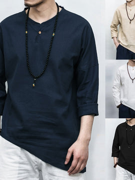 Men's Shirts Long Sleeve Solid Irregular Chinese Style Shirt Men Cotton Linen Vintage Casual Chemise