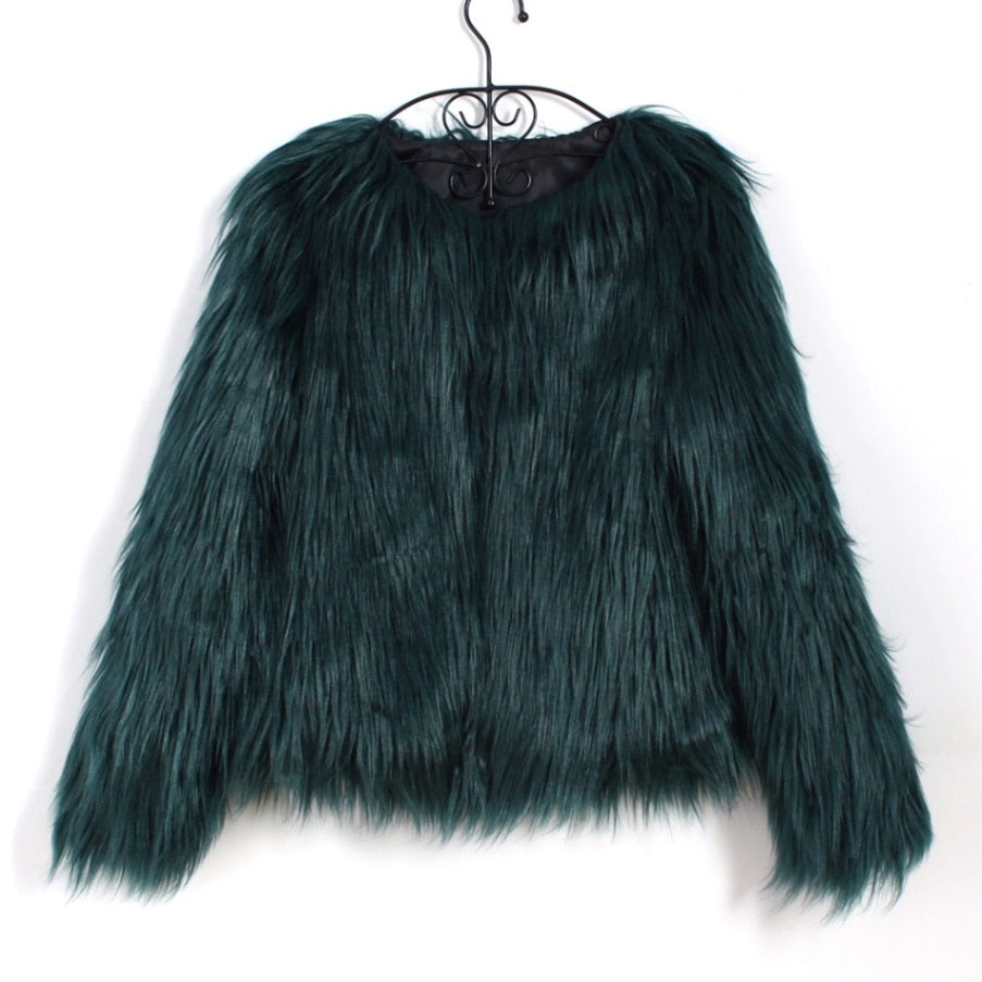 Fashion Furry Faux Fur Coat Women Fluffy Warm Long Sleeve Female Outerwear Autumn Winter Coat Jacket Hairy Collarless Overcoat - OZN Shopping