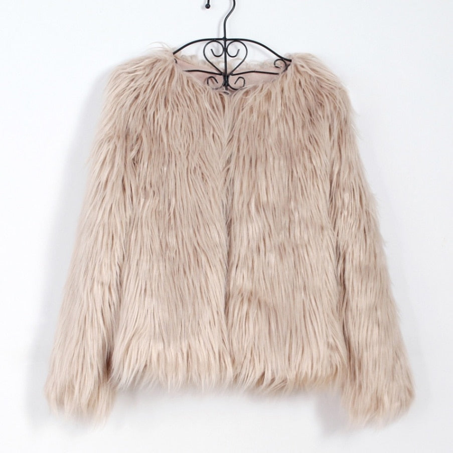Fashion Furry Faux Fur Coat Women Fluffy Warm Long Sleeve Female Outerwear Autumn Winter Coat Jacket Hairy Collarless Overcoat - OZN Shopping