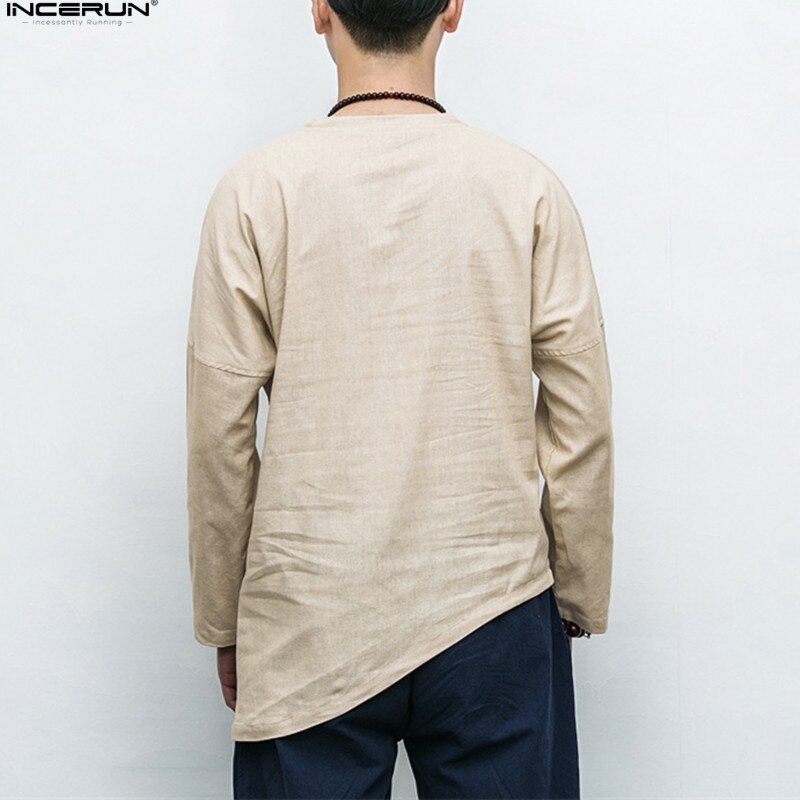 Men's Shirts Long Sleeve Solid Irregular Chinese Style Shirt Men Cotton Linen Vintage Casual Chemise - OZN Shopping
