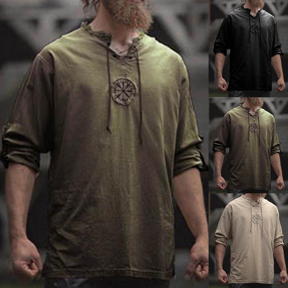 Men Shirt Top Ancient Viking Embroidery Lace Up V Neck Long Sleeve Shirt Top For Men's Clothing - OZN Shopping