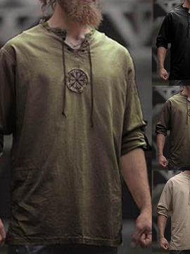 Men Shirt Top Ancient Viking Embroidery Lace Up V Neck Long Sleeve Shirt Top For Men's Clothing