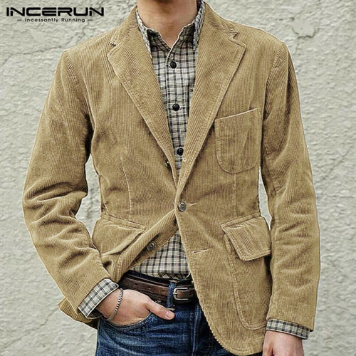 Men Corduroy Blazers Solid Lapel Business Casual Suit Multi Pockets Long Sleeve Jackets Retro Elegant Men Blazer Coats INCERUN 7 - OZN Shopping