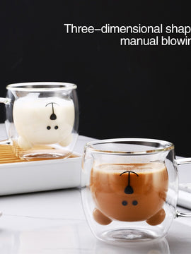 250ml Glass Mugs Cute Bear Cat Animal Double Wall Glass Mug Double-layer Glass Milk Mug Coffee Cup Christmas Gift