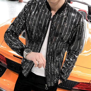 New Sequined Bomber Jacket Men Shiny Sequins Long Sleeve Glitter Zipper Coat Hip Hop Loose Night Club Stage Streetwear Coats - OZN Shopping