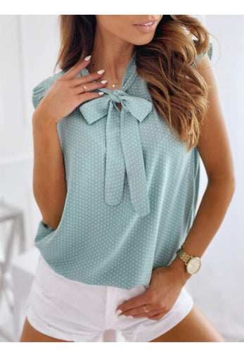 Women Summer Elegant Ruffles Sleeveless Polka Pot Lace Up Tops