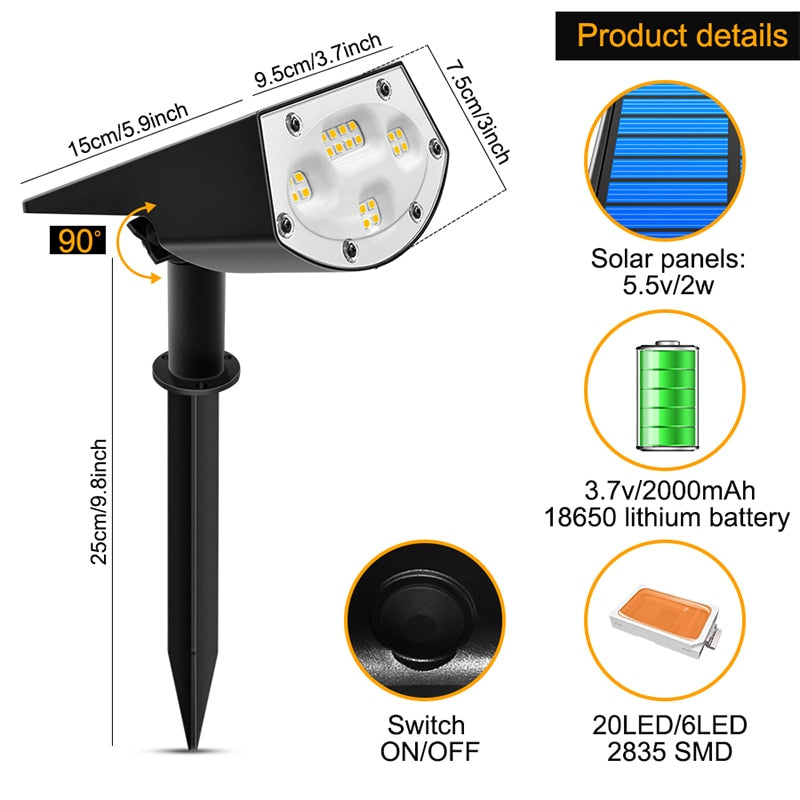 2in1 Solar Spotlights Outdoor Solar Landscape Lights Waterproof Adjustable Wall Lamp for Patio Pathway Yard Garden Driveway Pool - OZN Shopping