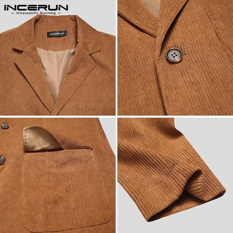 Men Corduroy Blazers Solid Lapel Business Casual Suit Multi Pockets Long Sleeve Jackets Retro Elegant Men Blazer Coats INCERUN 7 - OZN Shopping