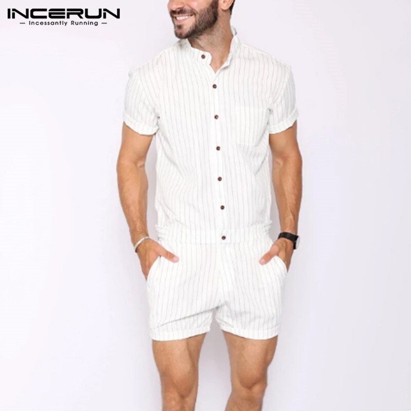 Striped Men Rompers Breathable Stand Collar Short Sleeve Joggers Playsuits Streetwear Fashion Men Jumpsuits Shorts S-5XL - OZN Shopping