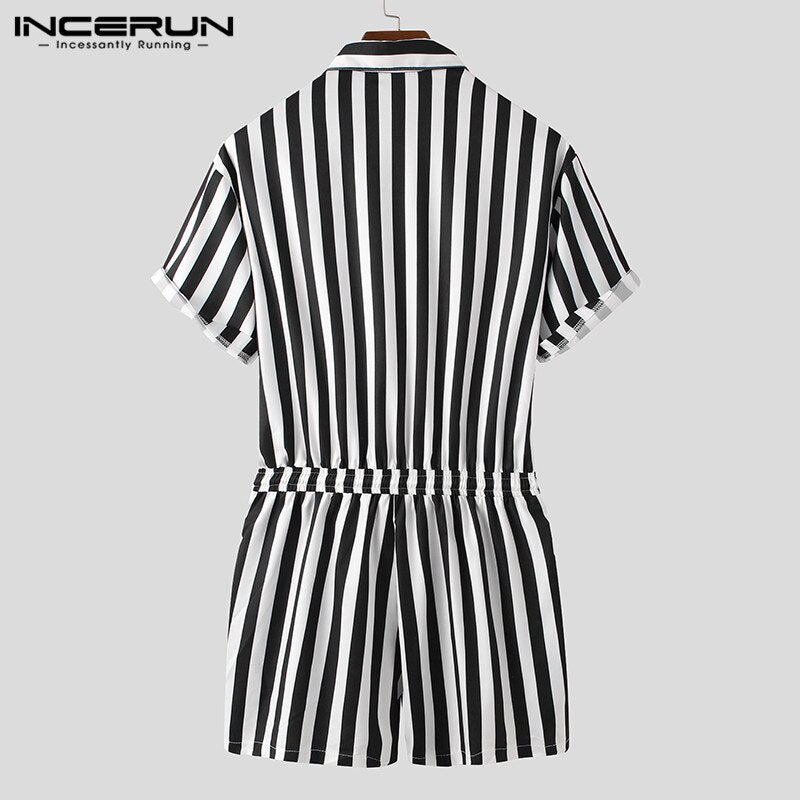 Fashion Men Striped Rompers Short Sleeve Button Shorts Lapel Jumpsuit Drawstring Streetwear 2020 Casual Playsuit Hombre INCERUN - OZN Shopping