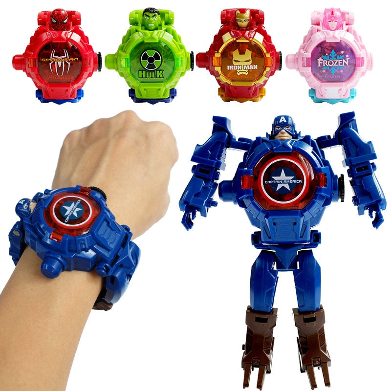 Marvel iron Man Spiderman Cartoons Children's watch Deformation robot 3d LED Luminous watch Children's model toy watch - OZN Shopping