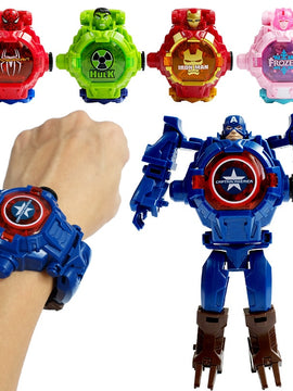 Marvel iron Man Spiderman Cartoons Children's watch Deformation robot 3d LED Luminous watch Children's model toy watch