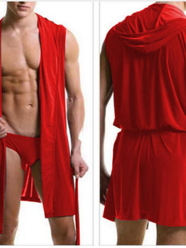 Men Sexy Silk Pajamas  Sleepwear Hooded Bathrobe with Briefs