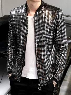 New Sequined Bomber Jacket Men Shiny Sequins Long Sleeve Glitter Zipper Coat Hip Hop Loose Night Club Stage Streetwear Coats