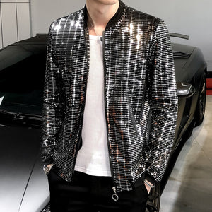 New Sequined Bomber Jacket Men Shiny Sequins Long Sleeve Glitter Zipper Coat Hip Hop Loose Night Club Stage Streetwear Coats - OZN Shopping